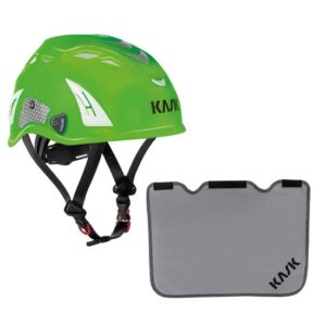 KASK Schutzhelm, Bergsteigerhelm, Industriekletterhelm Plasma HI VIZ Reflexstreifen, EN 397 + KASK Nackenschutz grau für BG Bau Förderung