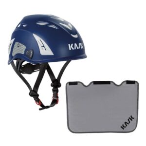 KASK Schutzhelm, Bergsteigerhelm, Industriekletterhelm Plasma HI VIZ Reflexstreifen, EN 397 + KASK Nackenschutz grau für BG Bau Förderung