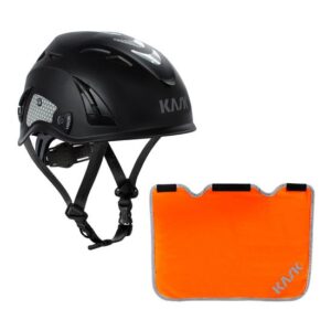 KASK Schutzhelm, Bergsteigerhelm, Industriekletterhelm Plasma HI VIZ Reflexstreifen, EN 397 + Nackenschutz orange für BG Bau Förderung