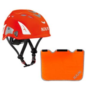 KASK Schutzhelm, Bergsteigerhelm, Industriekletterhelm Plasma HI VIZ Reflexstreifen, EN 397 + Nackenschutz orange für BG Bau Förderung