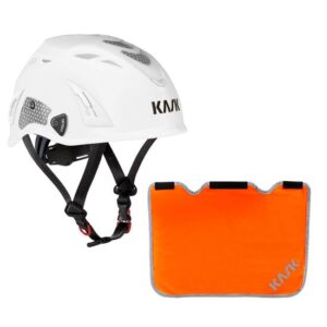 KASK Schutzhelm, Bergsteigerhelm, Industriekletterhelm Plasma HI VIZ Reflexstreifen, EN 397 + Nackenschutz orange für BG Bau Förderung