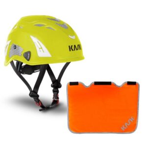 KASK Schutzhelm, Bergsteigerhelm, Industriekletterhelm Plasma HI VIZ Reflexstreifen, EN 397 + Nackenschutz orange für BG Bau Förderung