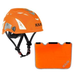 KASK Schutzhelm, Bergsteigerhelm, Industriekletterhelm Plasma HI VIZ Reflexstreifen, EN 397 + Nackenschutz orange für BG Bau Förderung