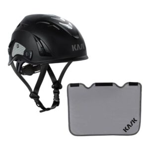 KASK Schutzhelm, Bergsteigerhelm, Industriekletterhelm Plasma HI VIZ Reflexstreifen, EN 397 + KASK Nackenschutz grau für BG Bau Förderung