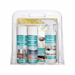 HOTREGA Küchen-Set Reinigung und Pflege Basic 6-teilig, Kochfeldreiniger, Backofenreiniger, Allzweckreiniger, Edelstahlpflege, Microfasertuch