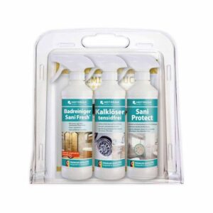HOTREGA Bad-Set Reinigung, Pflege, Politur 5-teilig, Kalklöser, Sanitärreiniger, Badreiniger, Fleckschutz, Mikrofasertuch