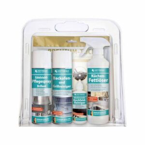 HOTREGA Küchen-Set Reinigung und Pflege Classic 6-teilig, Kochfeldreiniger, Backofenreiniger, Hygiene Fettreiniger, Edelstahlpflege, Microfasertuch