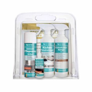 HOTREGA Küchen-Set Reinigung und Pflege Matt 6-teilig, Kochfeldreiniger, Reiniger für matte Küchenfronten, Edelstahlpflege, Microfasertuch