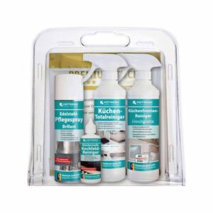 HOTREGA Küchen-Set Reinigung und Pflege Hochglanz 6-teilig, Kochfeldreiniger, Reiniger für glänzende Küchenfronten, Edelstahlpflege, Microfasertuch