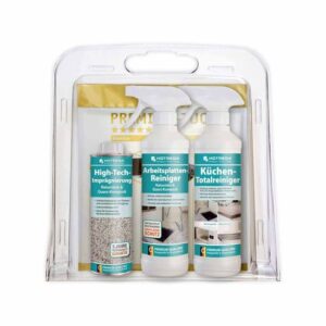 HOTREGA Küchen-Set Reinigung, Pflege, Imprägnierung Stein-Arbeitsplatte 5-teilig, Allzweckreiniger, Quarz-Komposit, Microfasertuch