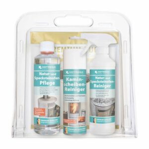 HOTREGA Natur- und Specksteinofen-Pflegeset, Reiniger, Pflege, Kaminscheibenreiniger, Microfasertuch