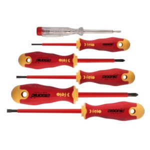 felo Schraubendreher Satz VDE ERGONIC 6-tlg. Ergonomischer Griff mit Abrollschutz, passt sich der Hand an, schlagfester Hartkern