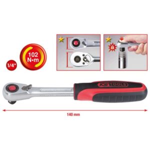 KS-Tools Umschaltknarre SlimPower 920.1490 Ratschenschlüssel, feinverzahnt 1/4" mit 2-Komponentengriff