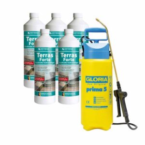 HOTREGA Terras Forte kraftvoller Außenreiniger für alle Stein Flächen 5 L + GLORIA Drucksprüher