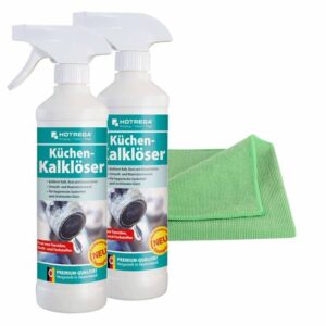 HOTREGA Küchen Kalklöser 2x 500 ml inkl. Microfasertuch Micro Top, Kalkreiniger, Kalkentferner, Rostlöser, Küchenreinger