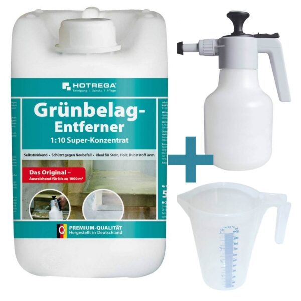 HOTREGA Grünbelag Entferner Super Konzentrat, Reiniger 5L, säurefrei, chlorfrei, hochkonzentriert inkl.Druckspritze 1,5L, Messbecher 1L – Bild 2