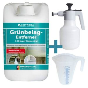 HOTREGA Grünbelag Entferner Super Konzentrat, Reiniger 5L, säurefrei, chlorfrei, hochkonzentriert inkl.Druckspritze 1,5L, Messbecher 1L
