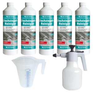 HOTREGA Dachziegel Reiniger Konzentrat 5L Grünbelagentferner Dachrinnenreiniger für normale & glasierte Ziegel inkl. Messbecher Druckspritze