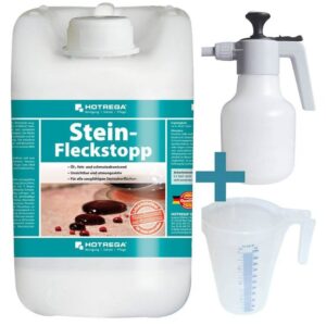 HOTREGA Stein Fleckstopp 5L - umweltneutrale, lösemittelfrei Imprägnierung zum Werterhalt inkl. Druckspritze 1,5L + Messbecher 1L