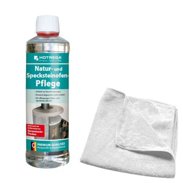 HOTREGA Natur und Specksteinofen Pflege 500 ml SET + Microfasertuch 40 x 40 cm – Bild 2