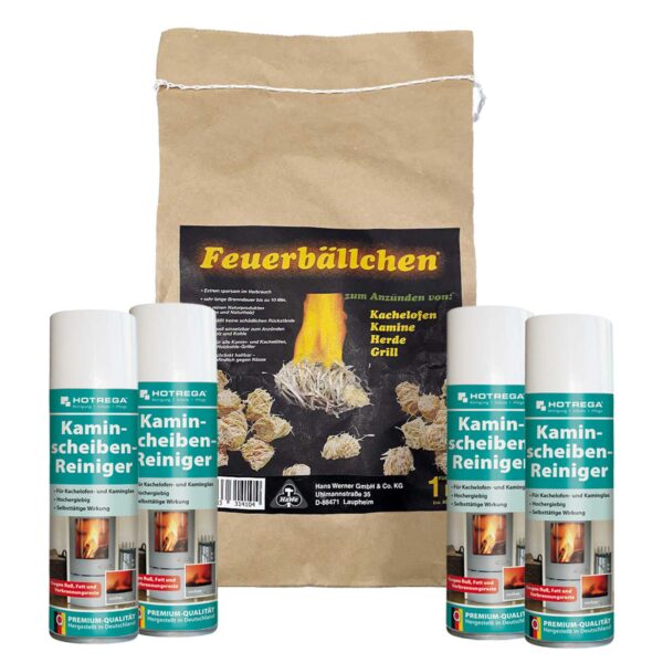HOTREGA Kaminscheiben Reiniger 4x 300 ml inkl. Feuerbällchen 1 kg, Glasreiniger, Kaminglasreiniger, Feueranzünder – Bild 2