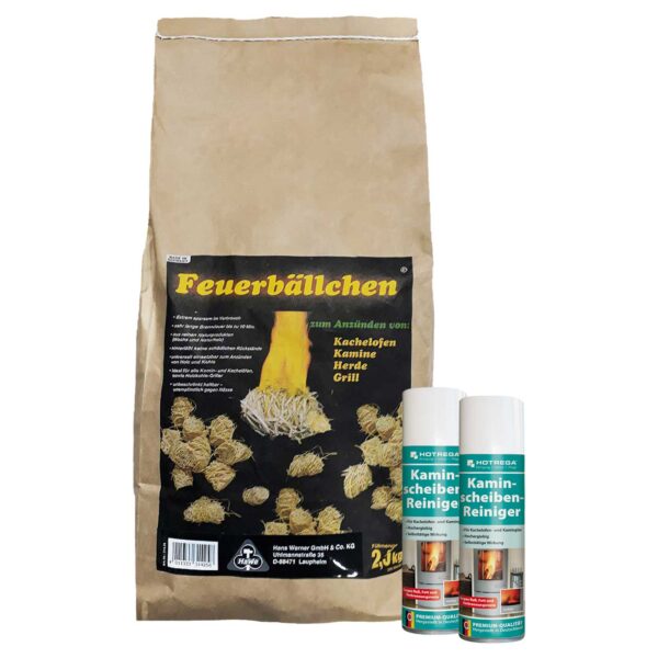 HOTREGA Kaminscheiben Reiniger 2x 300 ml inkl. Feuerbällchen 2,5 kg, Glasreiniger, Kaminglasreiniger, Feueranzünder – Bild 2