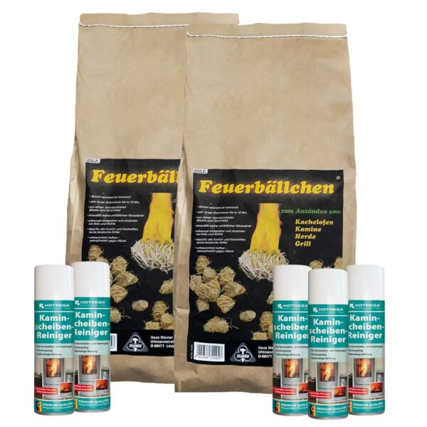 HOTREGA Kaminscheiben Reiniger 5x 300 ml inkl. Feuerbällchen 5kg, Glasreiniger, Kaminglasreiniger, Feueranzünder – Bild 2
