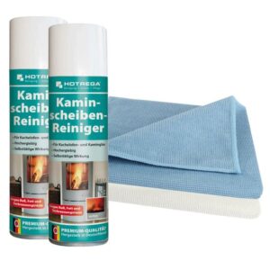 HOTREGA Kaminscheiben Reiniger 2x 300ml inkl. 2 Microfasertücher, Kamin Scheiben Schaum Reiniger Spray