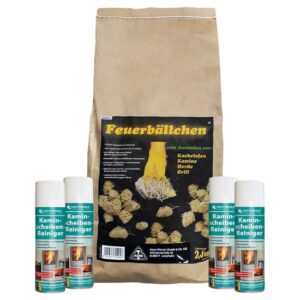HOTREGA Kaminscheiben Reiniger 4x 300 ml inkl. Feuerbällchen 2,5 kg, Glasreiniger, Kaminglasreiniger, Feueranzünder