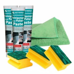 HOTREGA Reinigungs- und Polierpaste 3x 125 ml inkl. Microfasertuch, 3x Schwamm - Reinigung und Pflege für Glaskeramik, Kochfeld