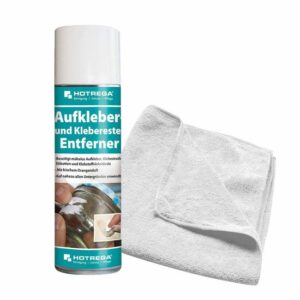 HOTREGA Aufkleber Klebereste Entferner 300 ml + Microfasertuch 40 x 40 cm