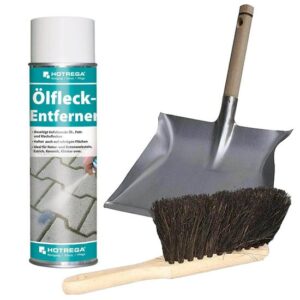 HOTREGA Ölfleck Entferner, Reiniger, Bindemittel 500ml - Spezialprodukt zur schnellen und mühelose Reinigung inkl. Handbesen, Kehrschaufel