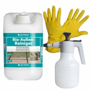 HOTREGA Bio Außen Reiniger 5L SET + NITRAS Handschuhe Gr. 10 + Druckspritze 1,5L, Terrassenreiniger, Steinreiniger