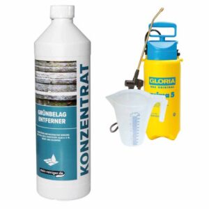 stein-reiniger.de: Grünbelag Entferner Konzentrat 1 L, Drucksprüher Prima 5, Messbecher 1 L SET