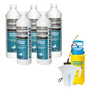 stein-reiniger.de: 5x Grünbelag Entferner Konzentrat 1 L, Drucksprüher Prima 5, Messbecher 1 L SET