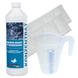 stein-reiniger.de: Marmor Granit Pflegereiniger 1 L, Messbecher 1 L, 2 Stück Microfaser Mopp SET