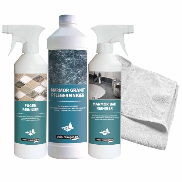 stein-reiniger.de: 4-tlg. Badreiniger Set - Marmor Bad Reiniger 500 ml, Marmor Granit Pflegereiniger 1 L, Fugen Reiniger 500 ml, Mikrofasertuch SET – Bild 2