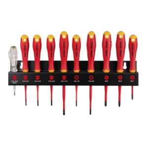 felo Schraubendrehersatz XL E-Slim mit Werkzeughalter, 10-tlg. schlanker extra langer Handgriff, hohe Passgenauigkeit, Ergonomisch
