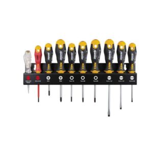 felo Schraubendrehersatz XL Ergonic 10-tlg Mechaniker PZ VDE mit Werkzeughalter, elastischer Griffkörper, reduzierter Kraftaufwand