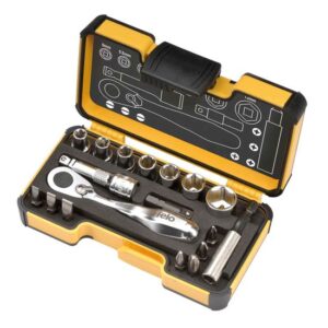 felo Werkzeugsatz XS 18 1/4 Zoll inkl. Miniratsche, 7 Steckschlüsseleinsätze, 7 Bits, Verlängerung, Adapter, Bithalter