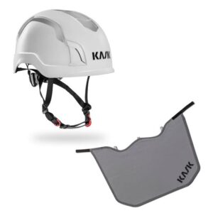 KASK Schutzhelm Zenith Hi-Viz - Reflexstreifen, Drehrad, EN 50365, EN 397 + KASK Nackenschutz grau für BG Bau Förderung