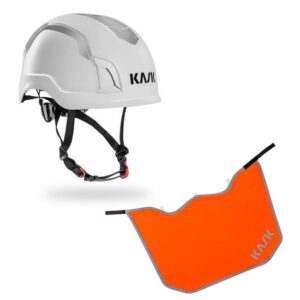 KASK Schutzhelm Zenith Hi-Viz - Reflexstreifen, Drehrad, EN 50365, EN 397 + KASK Nackenschutz orange für BG Bau Förderung