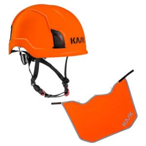 KASK Schutzhelm Zenith Industrie-Kletterhelm, Drehrad, EN50365, EN397 + KASK Nackenschutz orange mit BG Bau Förderung