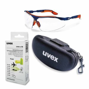 UVEX Schutzbrille i-vo supravision klar blau-orange im Set inkl. Brillenetui und Gehörschutz - Sicherheitsbrille, Arbeitsschutzbrille beschlagfrei und kratzfest