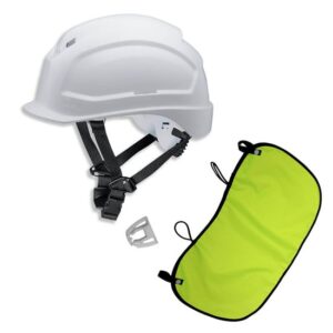 UVEX Schutzhelm pheos S-KR EN 397 - Vormontierter 4-Punkt Kinnriemen und Vollsichtbrillenclip + Nackenschutz gelb mit BG Bau Förderung