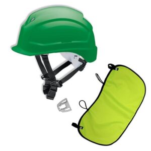 UVEX Schutzhelm pheos S-KR EN 397 - Vormontierter 4-Punkt Kinnriemen und Vollsichtbrillenclip + Nackenschutz gelb mit BG Bau Förderung