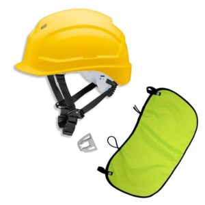 UVEX Schutzhelm pheos S-KR EN 397 - Vormontierter 4-Punkt Kinnriemen und Vollsichtbrillenclip + Nackenschutz gelb mit BG Bau Förderung