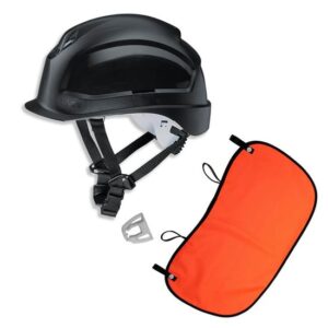 UVEX Schutzhelm pheos S-KR EN 397- Vormontierter 4-Punkt Kinnriemen und Vollsichtbrillenclip + Nackenschutz orange mit BG Bau Förderung