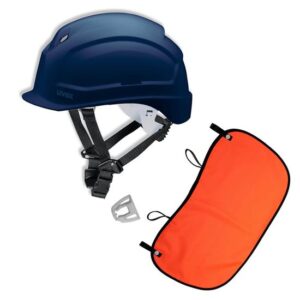 UVEX Schutzhelm pheos S-KR EN 397- Vormontierter 4-Punkt Kinnriemen und Vollsichtbrillenclip + Nackenschutz orange mit BG Bau Förderung