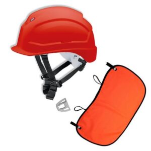 UVEX Schutzhelm pheos S-KR EN 397- Vormontierter 4-Punkt Kinnriemen und Vollsichtbrillenclip + Nackenschutz orange mit BG Bau Förderung